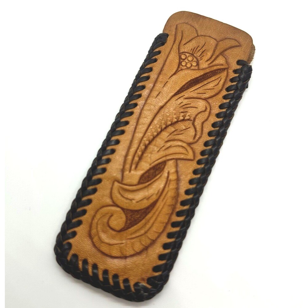 Vintage Handmade Tooled Leather Western Floral Scroll Comb Holder Sheath Pouch